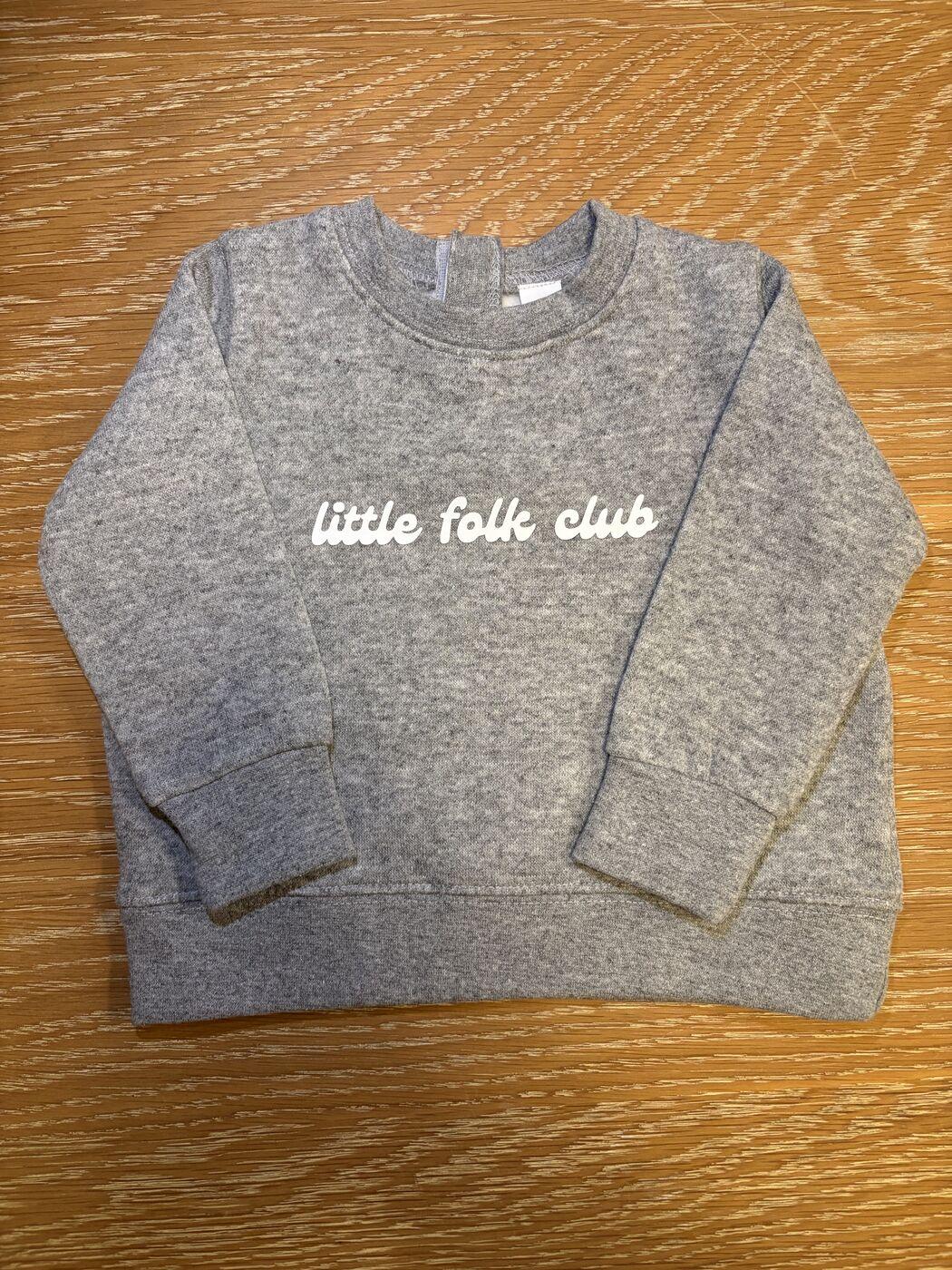 Heather gray infant crewneck sweatshirt with little folk club printed in white script
